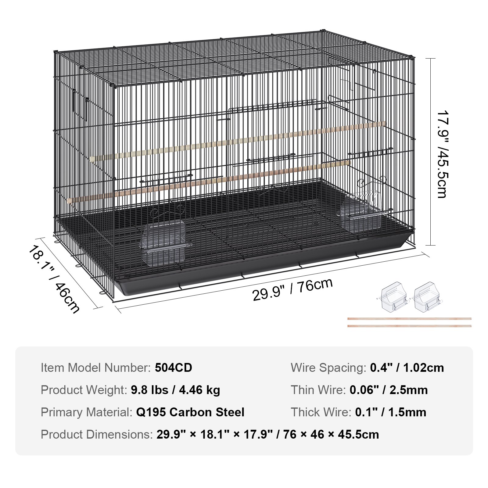 VEVOR Jaula de Vuelo para Pájaros 76 x 46 x 45,5 cm Jaula para Pájaros de Metal con Manija Lateral Puerta Segura Portátil Bandeja Desmontable Perchas Comederos para Pájaros Pequeños Cacatúas Loros