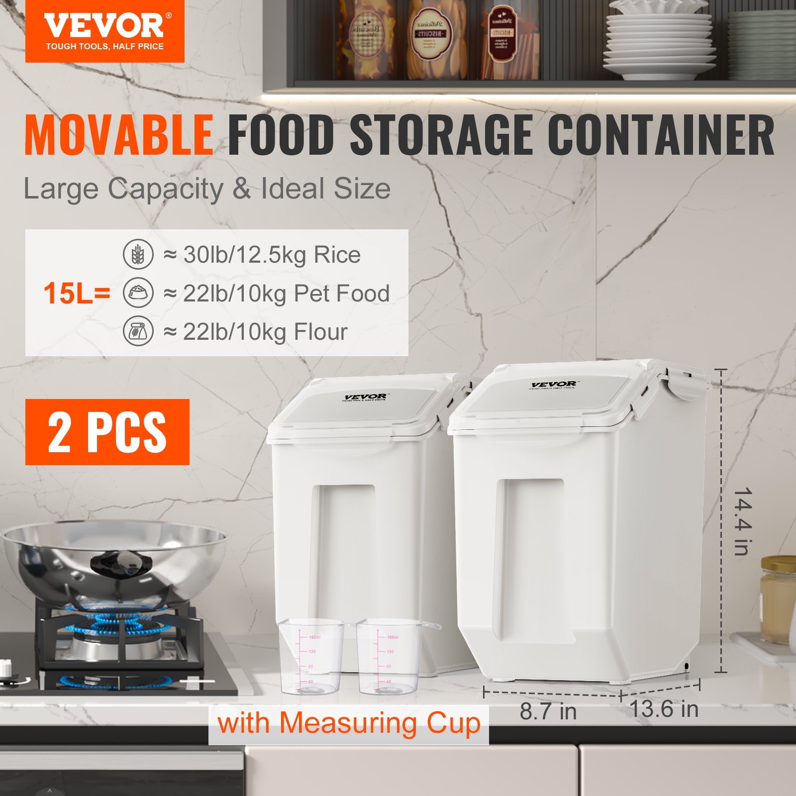 VEVOR Recipiente Móvil para Arroz Capacidad de 2 x 15L con Tapa Inclinada Blanco