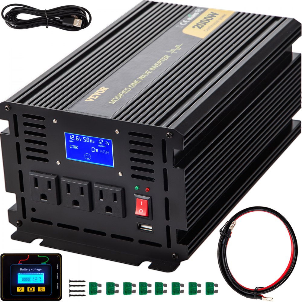 Inversor de corriente VEVOR 2000w con pantalla led, salidas, cables y conectores.