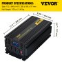 Inversor de corriente VEVOR 2000w con dimensiones y especificaciones del producto.