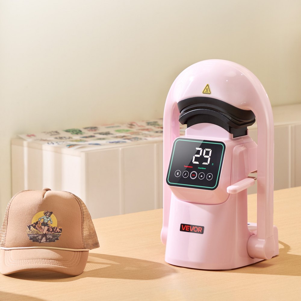 VEVOR Prensa Térmica Automática para Gorras con 2 Platinas Intercambiables Pantalla Táctil para un Control Preciso de Tiempo y Temperatura, Impresión por Transferencia Térmica para Sombreros, Rosa