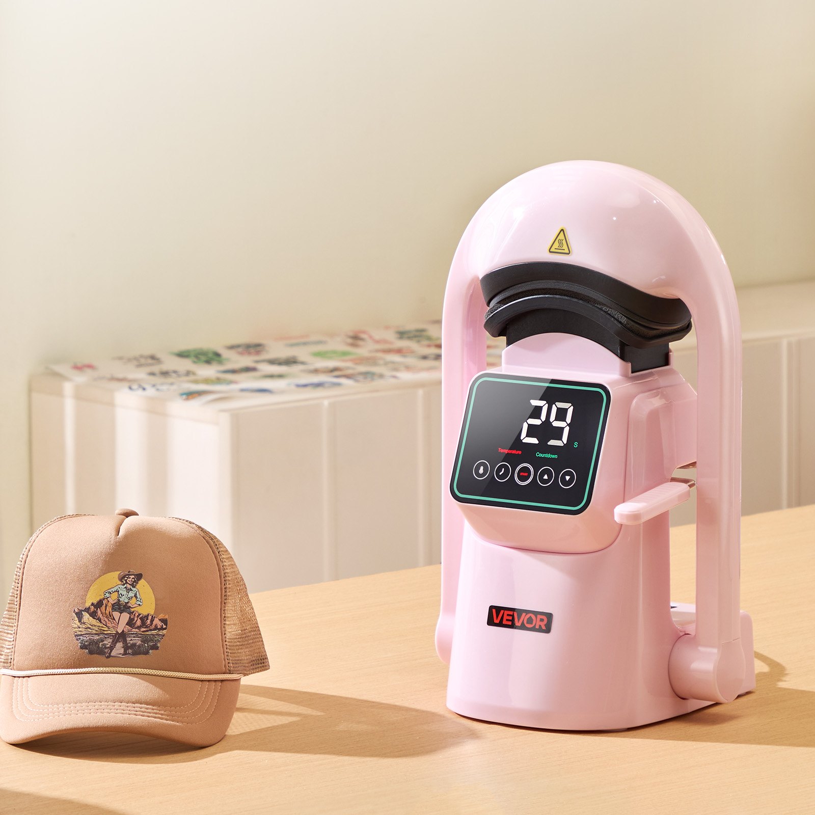 VEVOR Prensa Térmica Automática para Gorras con 2 Platinas Intercambiables Pantalla Táctil para un Control Preciso de Tiempo y Temperatura, Impresión por Transferencia Térmica para Sombreros, Rosa