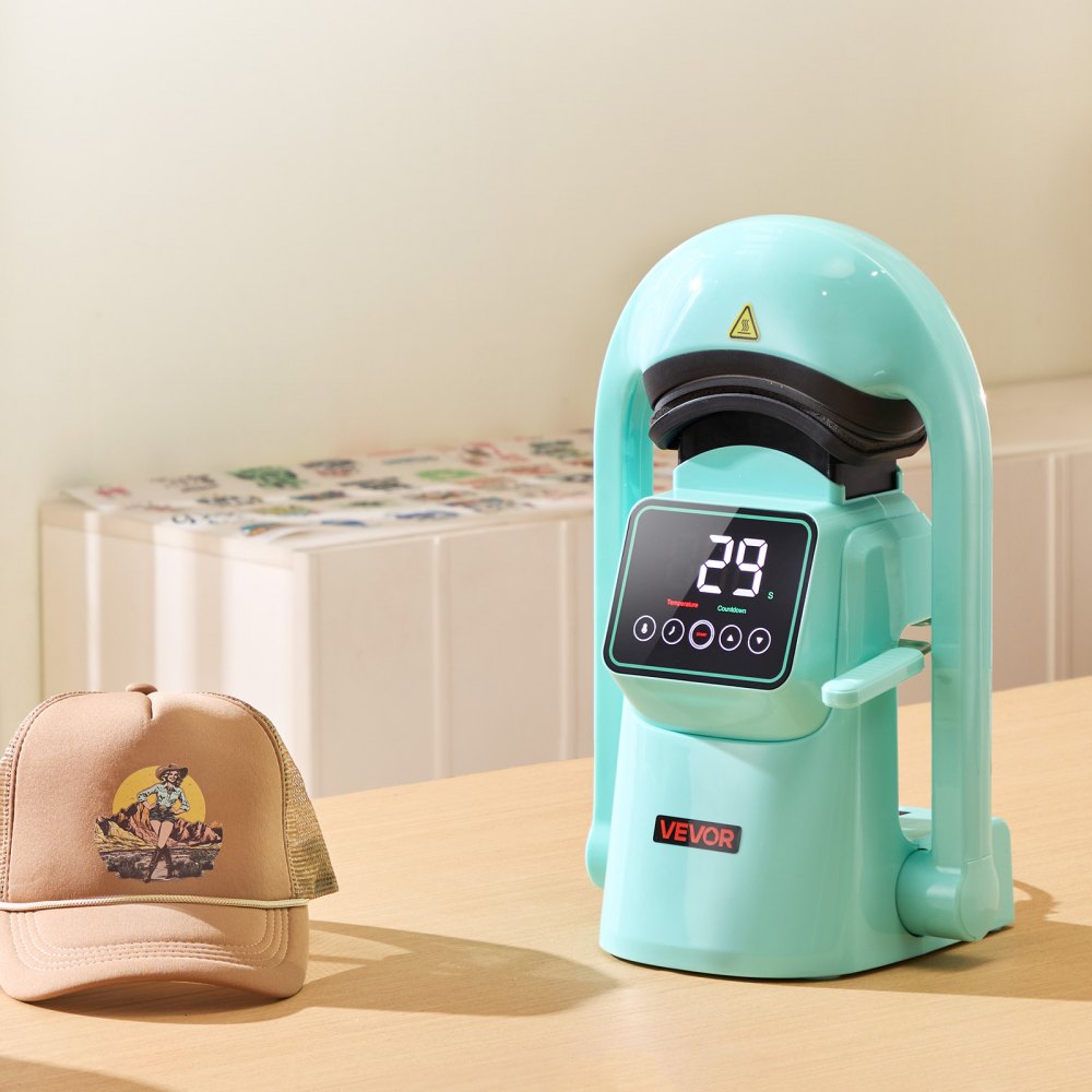 VEVOR Auto Hat Heat Press Machine, with 2pcs Interchangeable Platens, Automatic Open and Release, Touchscreen for Precise Time and Temperature Control, Heat Transfer Printing for Caps, Hats, Green