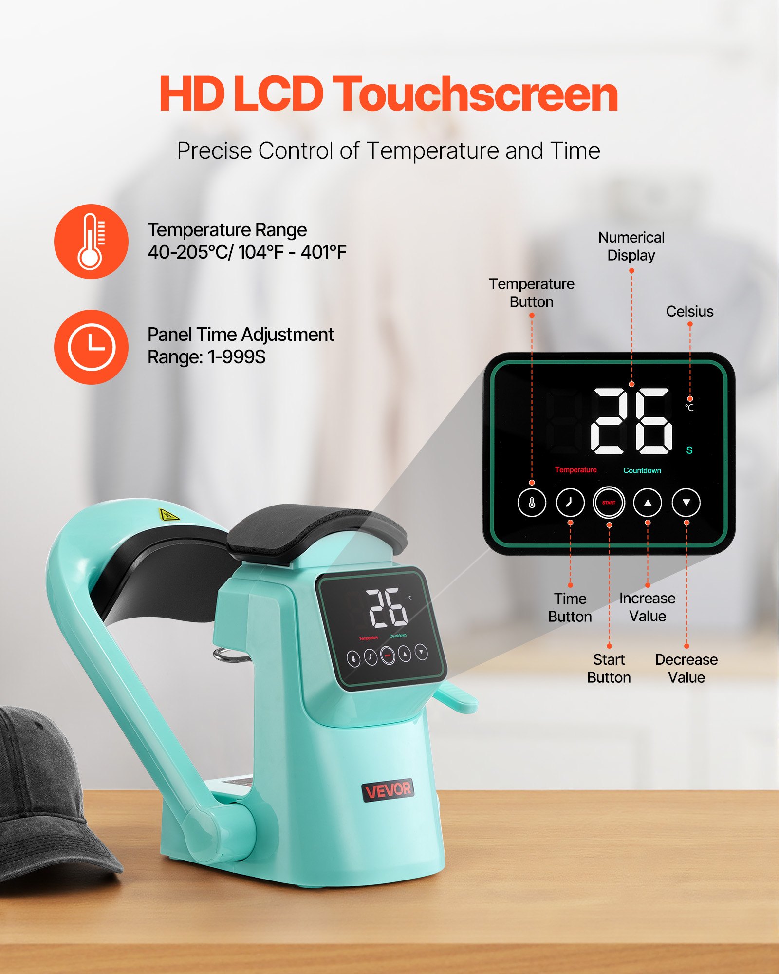 VEVOR Prensa Térmica Automática para Gorras con 2 Platinas Intercambiables Pantalla Táctil para un Control Preciso de Tiempo y Temperatura, Impresión por Transferencia Térmica para Sombreros, Verde