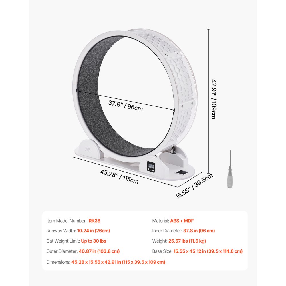 VEVOR Rueda de Ejercicio para Gatos de 1150 x 395 x 1090 mm, Rueda para Correr para Gatos con Freno y Pista Alfombrada, Podómetro, Cinta de Correr Silenciosa para Gatos de Menos de 13,6 kg, Blanco