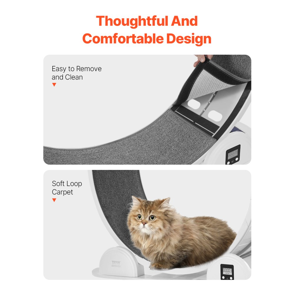 VEVOR Rueda de Ejercicio para Gatos de 1150 x 395 x 1090 mm, Rueda para Correr para Gatos con Freno y Pista Alfombrada, Podómetro, Cinta de Correr Silenciosa para Gatos de Menos de 13,6 kg, Blanco