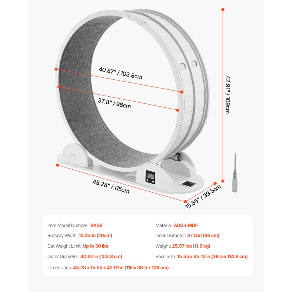 VEVOR Rueda de Ejercicio para Gatos de 1150 x 395 x 1090 mm, Rueda para Correr para Gatos con Freno y Pista Alfombrada, Podómetro, Cinta de Correr Silenciosa para Gatos de Menos de 13,6 kg, Blanco