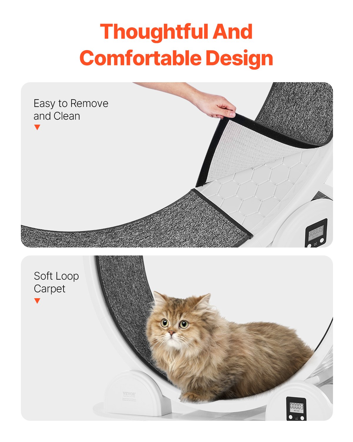 VEVOR Rueda de Ejercicio para Gatos de 1150 x 395 x 1090 mm, Rueda para Correr para Gatos con Freno y Pista Alfombrada, Podómetro, Cinta de Correr Silenciosa para Gatos de Menos de 13,6 kg, Blanco