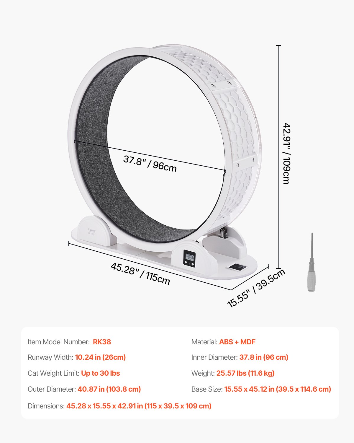 VEVOR Rueda de Ejercicio para Gatos de 1150 x 395 x 1090 mm, Rueda para Correr para Gatos con Freno y Pista Alfombrada, Podómetro, Cinta de Correr Silenciosa para Gatos de Menos de 13,6 kg, Blanco