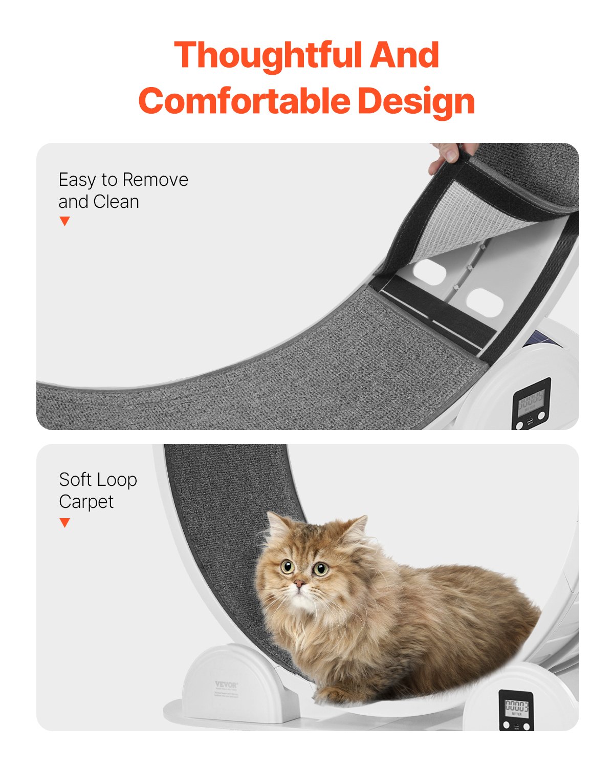 VEVOR Rueda de Ejercicio para Gatos de 1150 x 395 x 1090 mm, Rueda para Correr para Gatos con Freno y Pista Alfombrada, Podómetro, Cinta de Correr Silenciosa para Gatos de Menos de 13,6 kg, Blanco