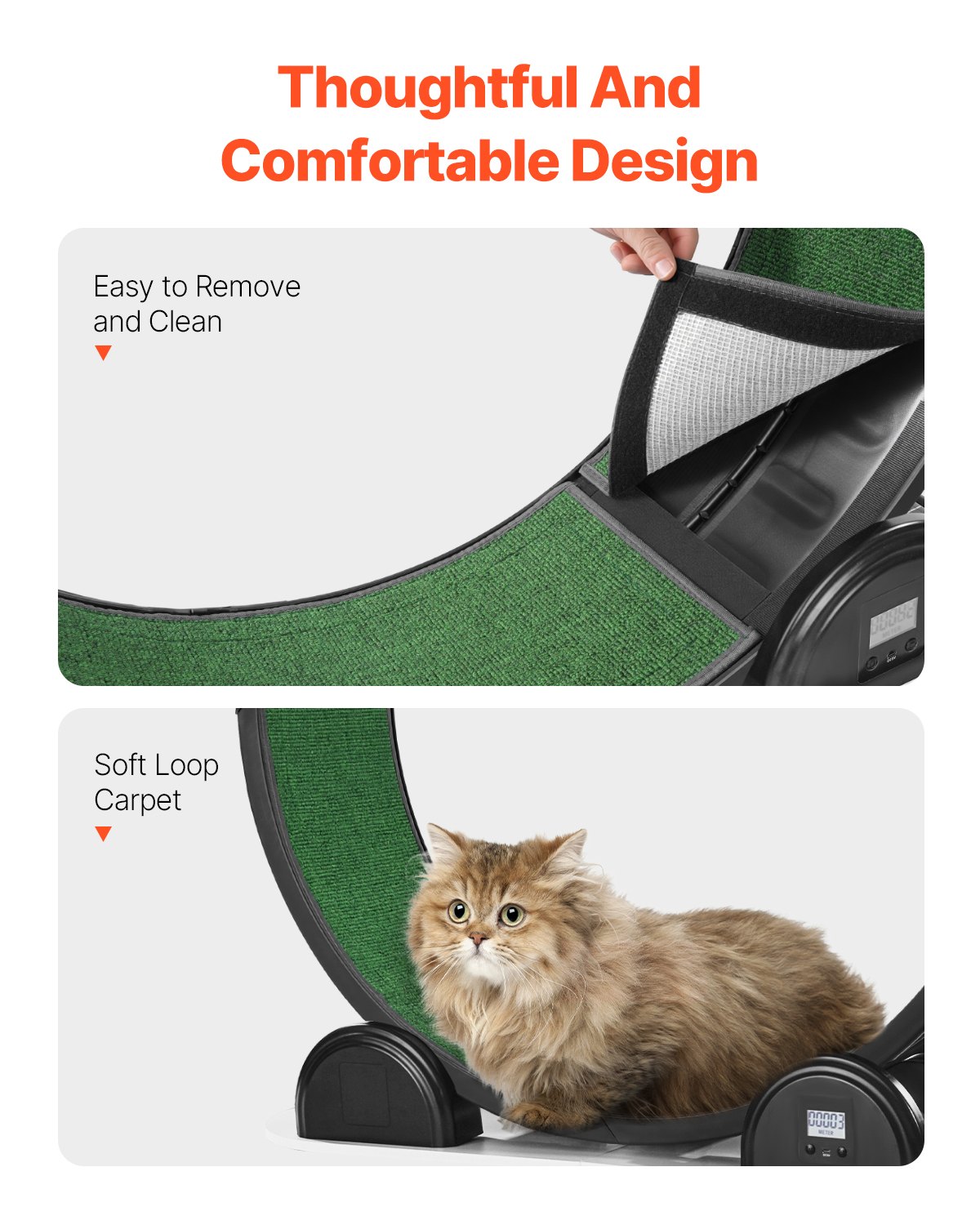 VEVOR Rueda de Ejercicio para Gatos de 1150 x 395 x 1090 mm, Rueda para Correr para Gatos con Freno y Pista Alfombrada, Podómetro, Cinta de Correr Silenciosa para Gatos de Menos de 13,6 kg, Negro