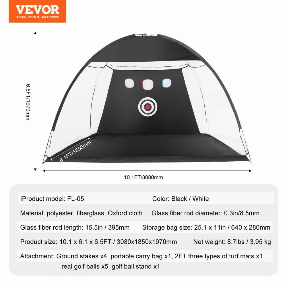 VEVOR Red de Golf, Red de Práctica de Golf Todo en 1 de 3080 x 1850 x 1970 mm, Entrenamiento de Swing de Golf en Interiores y Exteriores, Red de Ayuda para Golpear Golf con Objetivo/Estera de Césped