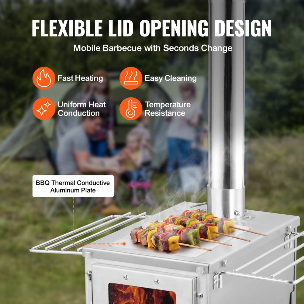 VEVOR Estufa de Leña 353 x 437 x 276 mm Estufa Portátil de Acero Inoxidable para Tienda de Campaña con 8 Tubos de Chimenea y Guantes Estufa Cálida de para Cocinar y Calentar al Aire Libre