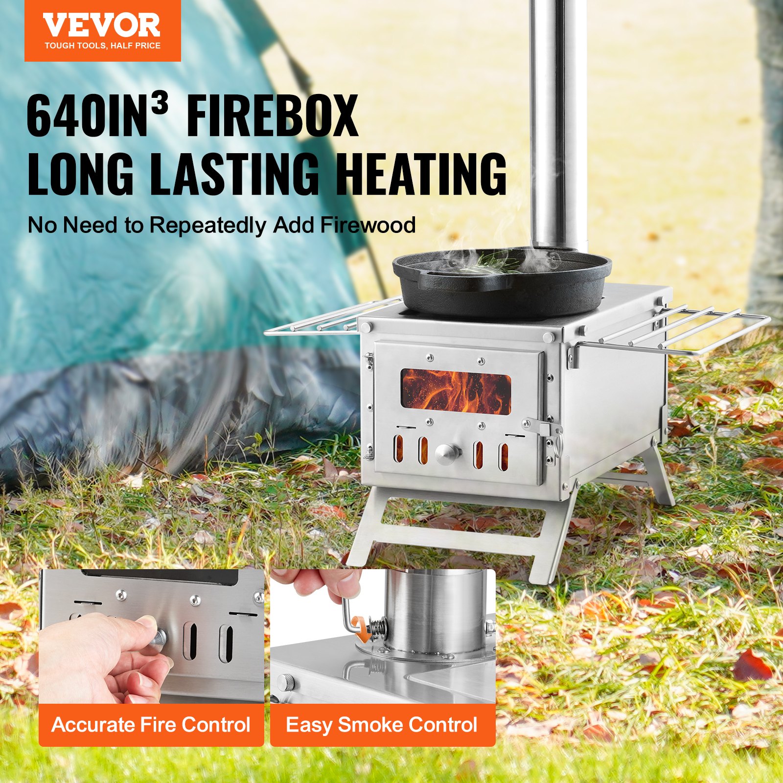 VEVOR Estufa de Leña 353 x 437 x 276 mm Estufa Portátil de Acero Inoxidable para Tienda de Campaña con 8 Tubos de Chimenea y Guantes Estufa Cálida de para Cocinar y Calentar al Aire Libre