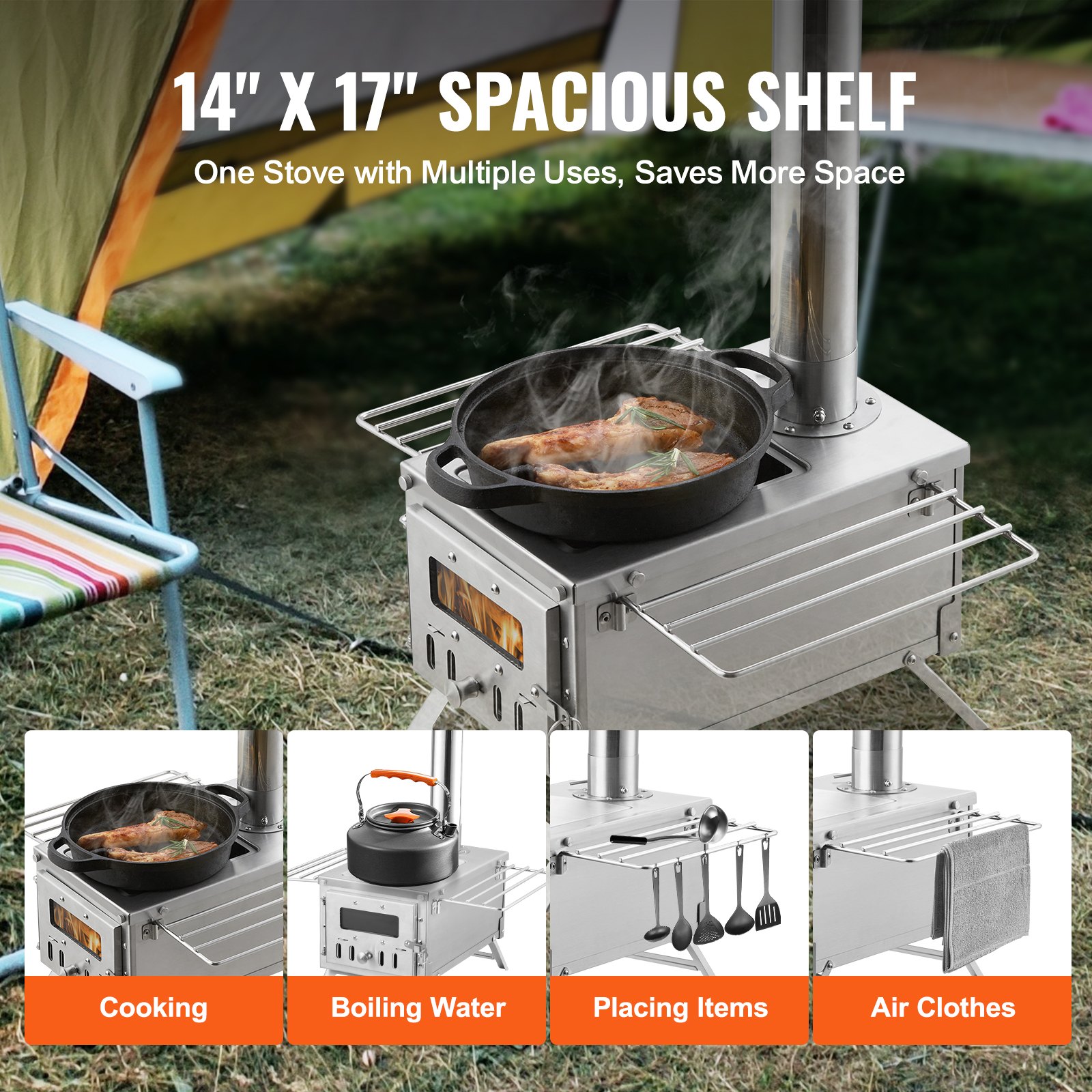 VEVOR Estufa de Leña 353 x 437 x 276 mm Estufa Portátil de Acero Inoxidable para Tienda de Campaña con 8 Tubos de Chimenea y Guantes Estufa Cálida de para Cocinar y Calentar al Aire Libre