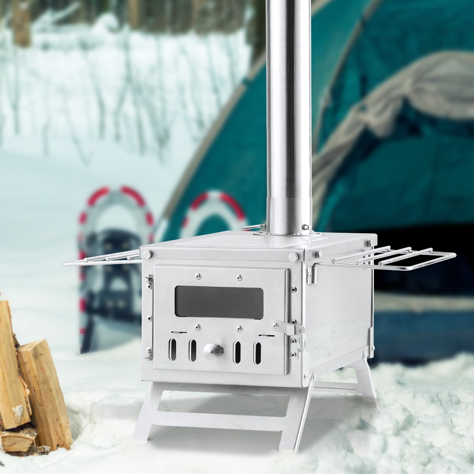 VEVOR Estufa de Leña 353 x 437 x 276 mm Estufa Portátil de Acero Inoxidable para Tienda de Campaña con 8 Tubos de Chimenea y Guantes Estufa Cálida de para Cocinar y Calentar al Aire Libre