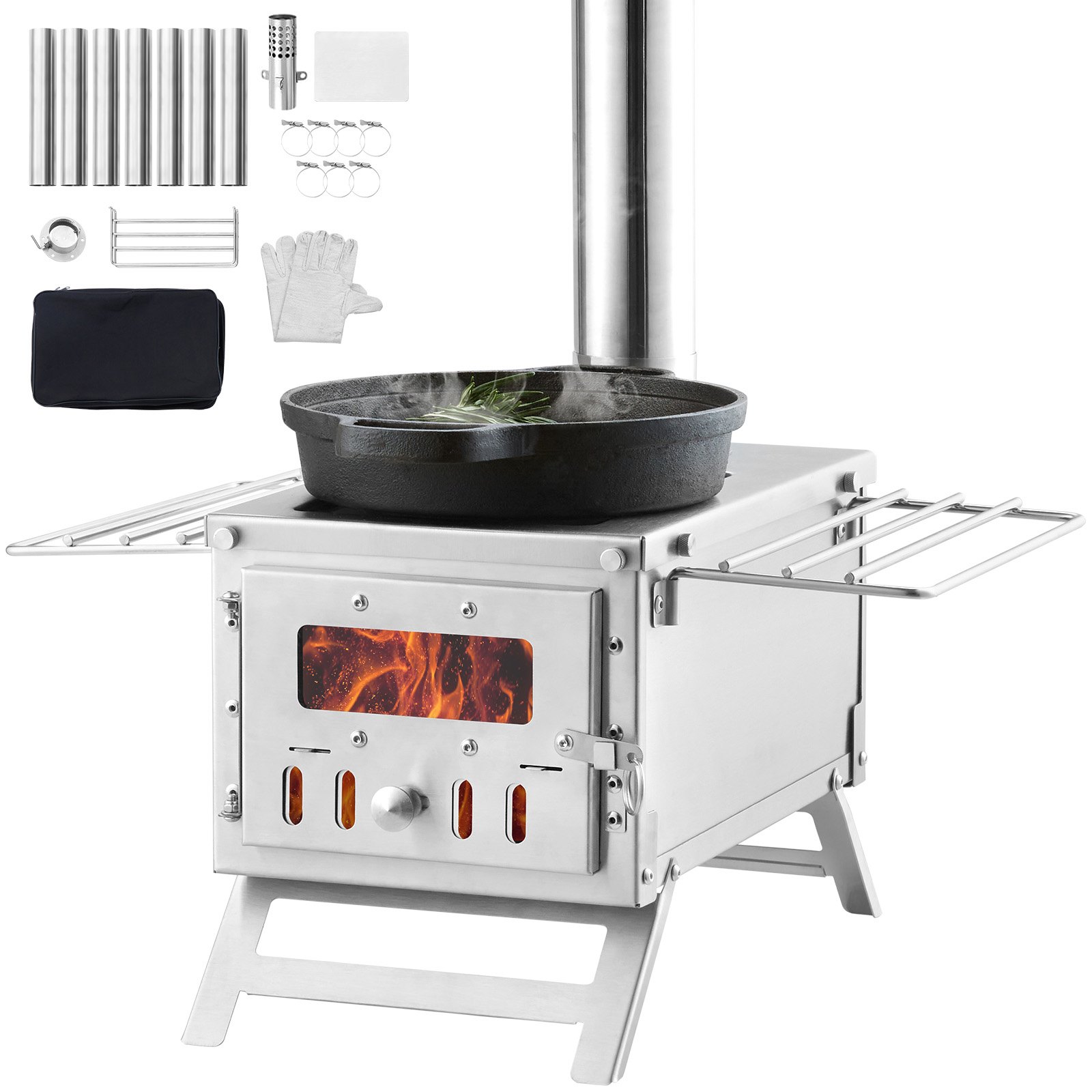 VEVOR Estufa de Leña 353 x 437 x 276 mm Estufa Portátil de Acero Inoxidable para Tienda de Campaña con 8 Tubos de Chimenea y Guantes Estufa Cálida de para Cocinar y Calentar al Aire Libre