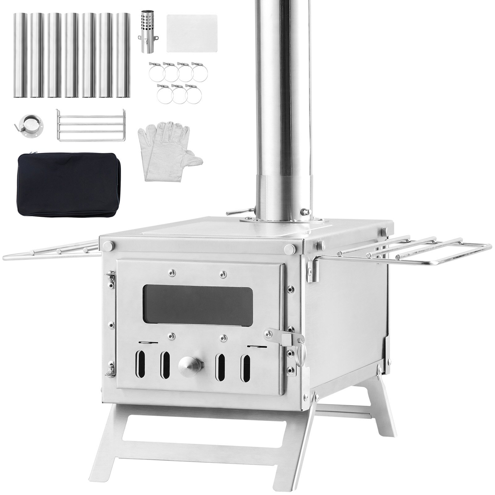 VEVOR Estufa de Leña 353 x 437 x 276 mm Estufa Portátil de Acero Inoxidable para Tienda de Campaña con 8 Tubos de Chimenea y Guantes Estufa Cálida de para Cocinar y Calentar al Aire Libre