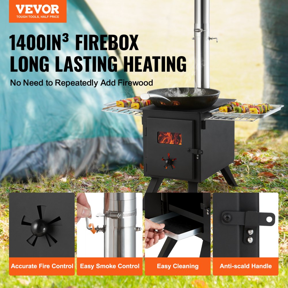 VEVOR Estufa de Leña Estufa Portátil para Tienda de Campaña de Acero de Aleación con 8 Tubos de Chimenea y Guantes Estufa Cálida para Cocinar y Calentar al Aire Libre 394 x 608 x 425 mm