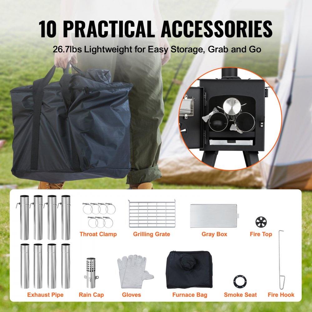 VEVOR Estufa de Leña Estufa Portátil para Tienda de Campaña de Acero de Aleación con 8 Tubos de Chimenea y Guantes Estufa Cálida para Cocinar y Calentar al Aire Libre 394 x 608 x 425 mm