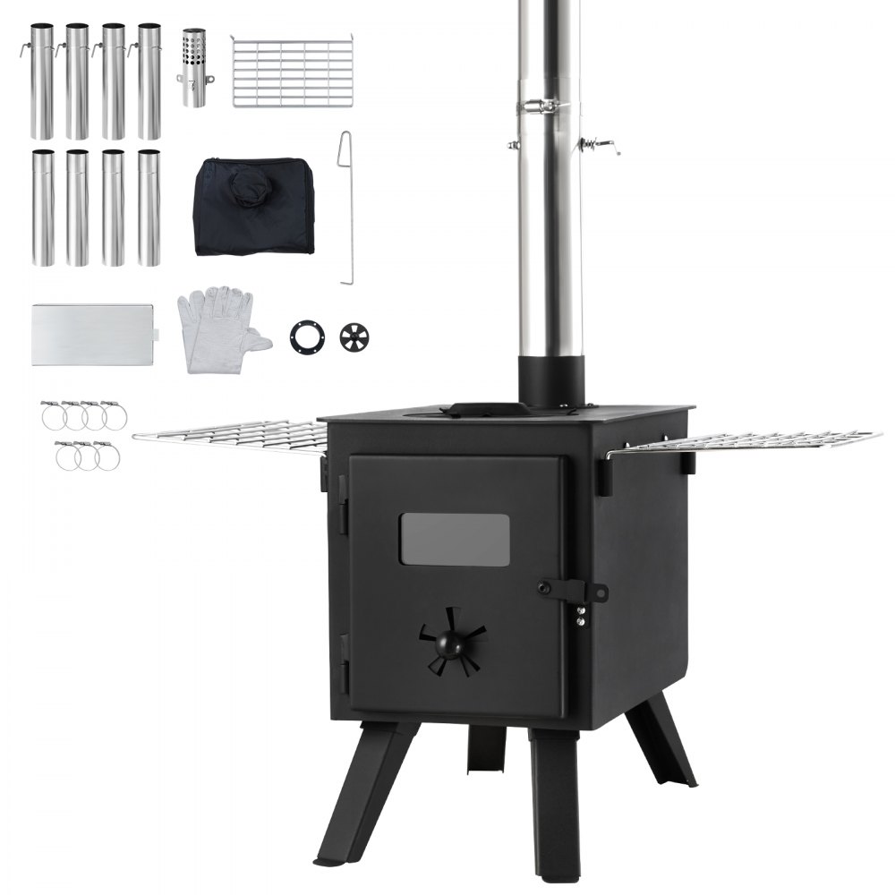 VEVOR Estufa de Leña Estufa Portátil para Tienda de Campaña de Acero de Aleación con 8 Tubos de Chimenea y Guantes Estufa Cálida para Cocinar y Calentar al Aire Libre 394 x 608 x 425 mm
