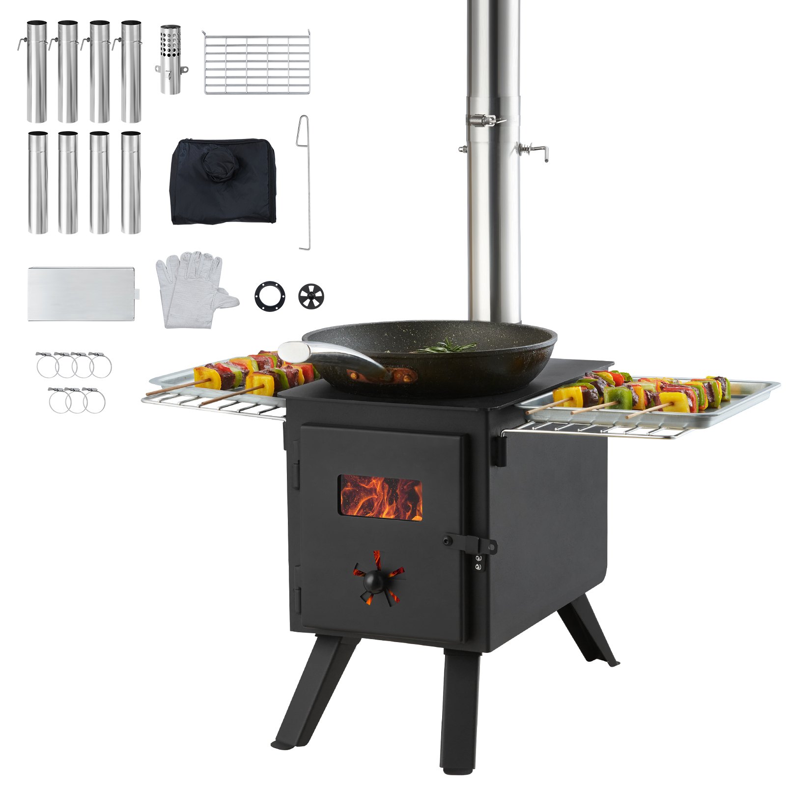 VEVOR Estufa de Leña Estufa Portátil para Tienda de Campaña de Acero de Aleación con 8 Tubos de Chimenea y Guantes Estufa Cálida para Cocinar y Calentar al Aire Libre 394 x 608 x 425 mm