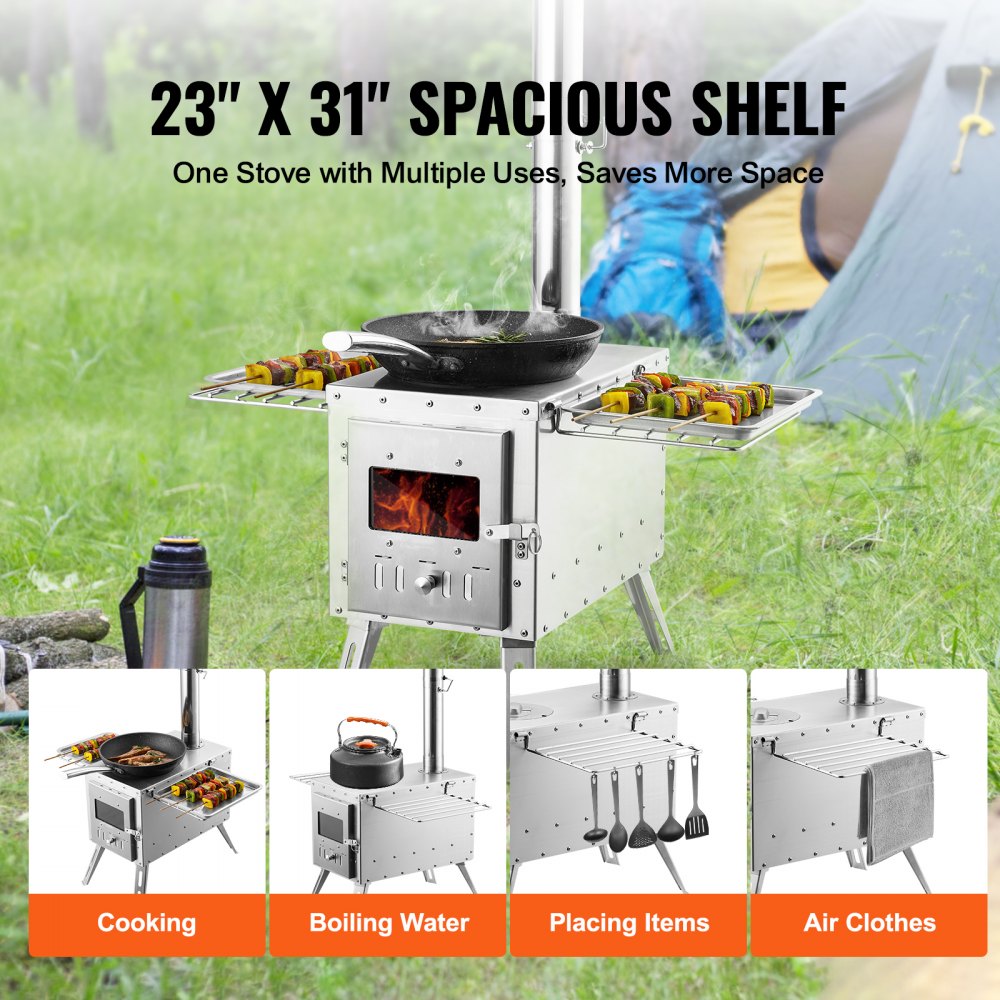 VEVOR Estufa de Leña 217 cm Estufa Portátil de Acero Inoxidable para Tienda de Campaña con 8 Tubos de Chimenea y Guantes Estufa Caliente para Cocinar y Calentar al Aire Libre, 590x790x2620 mm