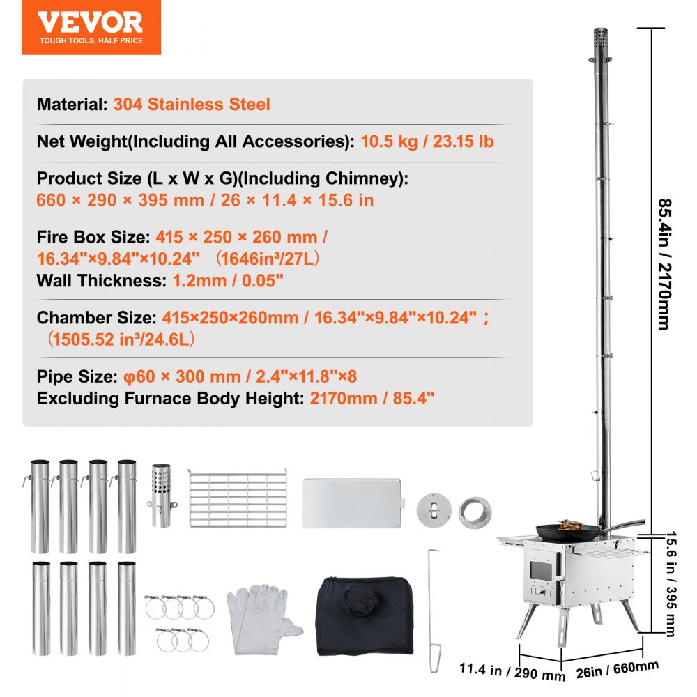 VEVOR Estufa de Leña 217 cm Estufa Portátil de Acero Inoxidable para Tienda de Campaña con 8 Tubos de Chimenea y Guantes Estufa Caliente para Cocinar y Calentar al Aire Libre, 590x790x2620 mm