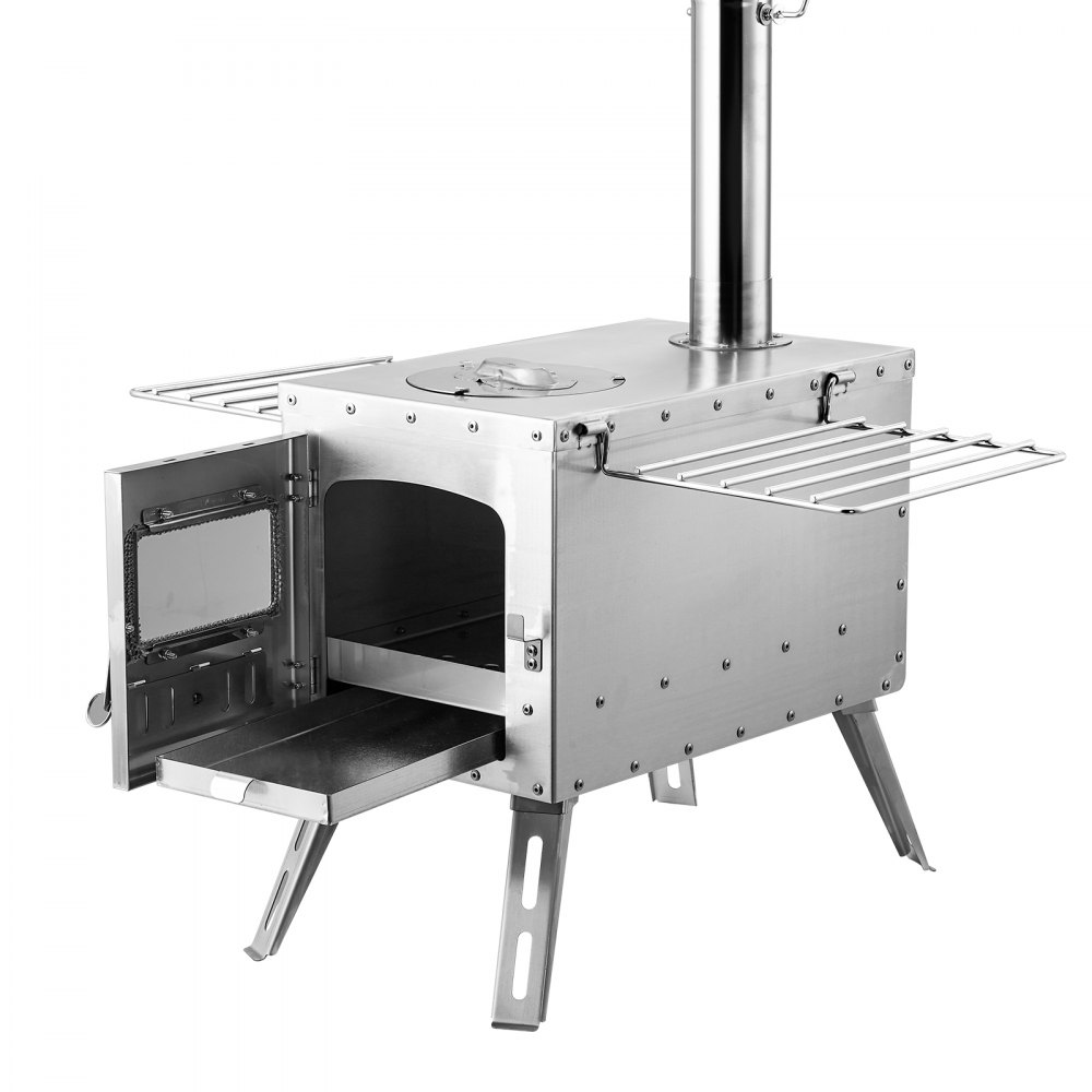 VEVOR Estufa de Leña 217 cm Estufa Portátil de Acero Inoxidable para Tienda de Campaña con 8 Tubos de Chimenea y Guantes Estufa Caliente para Cocinar y Calentar al Aire Libre, 590x790x2620 mm