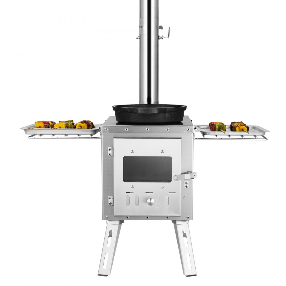VEVOR Estufa de Leña 217 cm Estufa Portátil de Acero Inoxidable para Tienda de Campaña con 8 Tubos de Chimenea y Guantes Estufa Caliente para Cocinar y Calentar al Aire Libre, 590x790x2620 mm