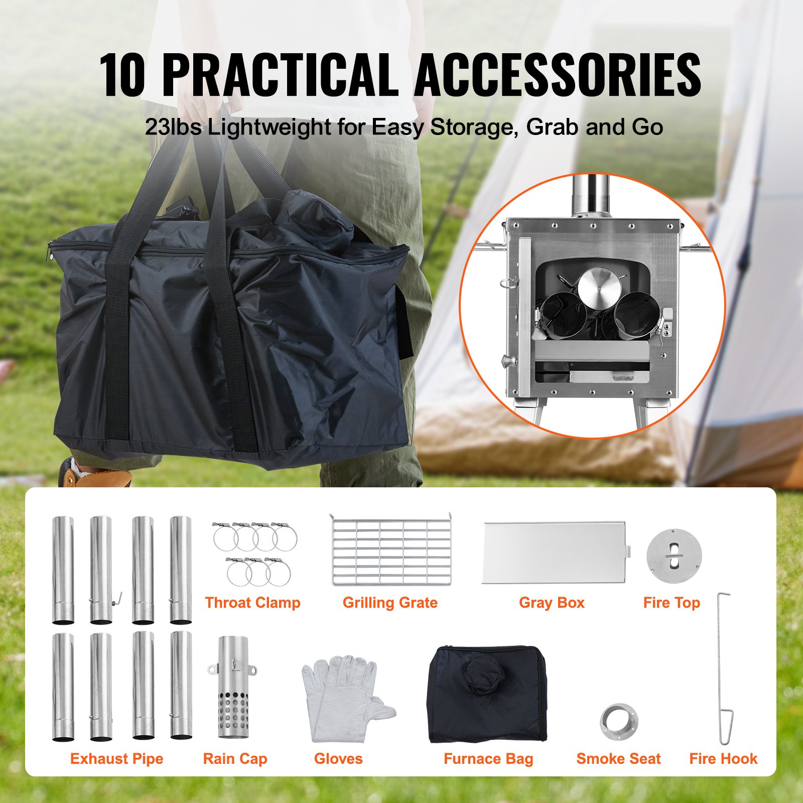 VEVOR Estufa de Leña 217 cm Estufa Portátil de Acero Inoxidable para Tienda de Campaña con 8 Tubos de Chimenea y Guantes Estufa Caliente para Cocinar y Calentar al Aire Libre, 590x790x2620 mm
