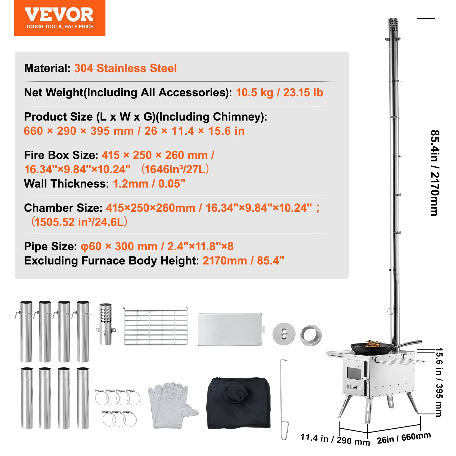 VEVOR Estufa de Leña 217 cm Estufa Portátil de Acero Inoxidable para Tienda de Campaña con 8 Tubos de Chimenea y Guantes Estufa Caliente para Cocinar y Calentar al Aire Libre, 590x790x2620 mm