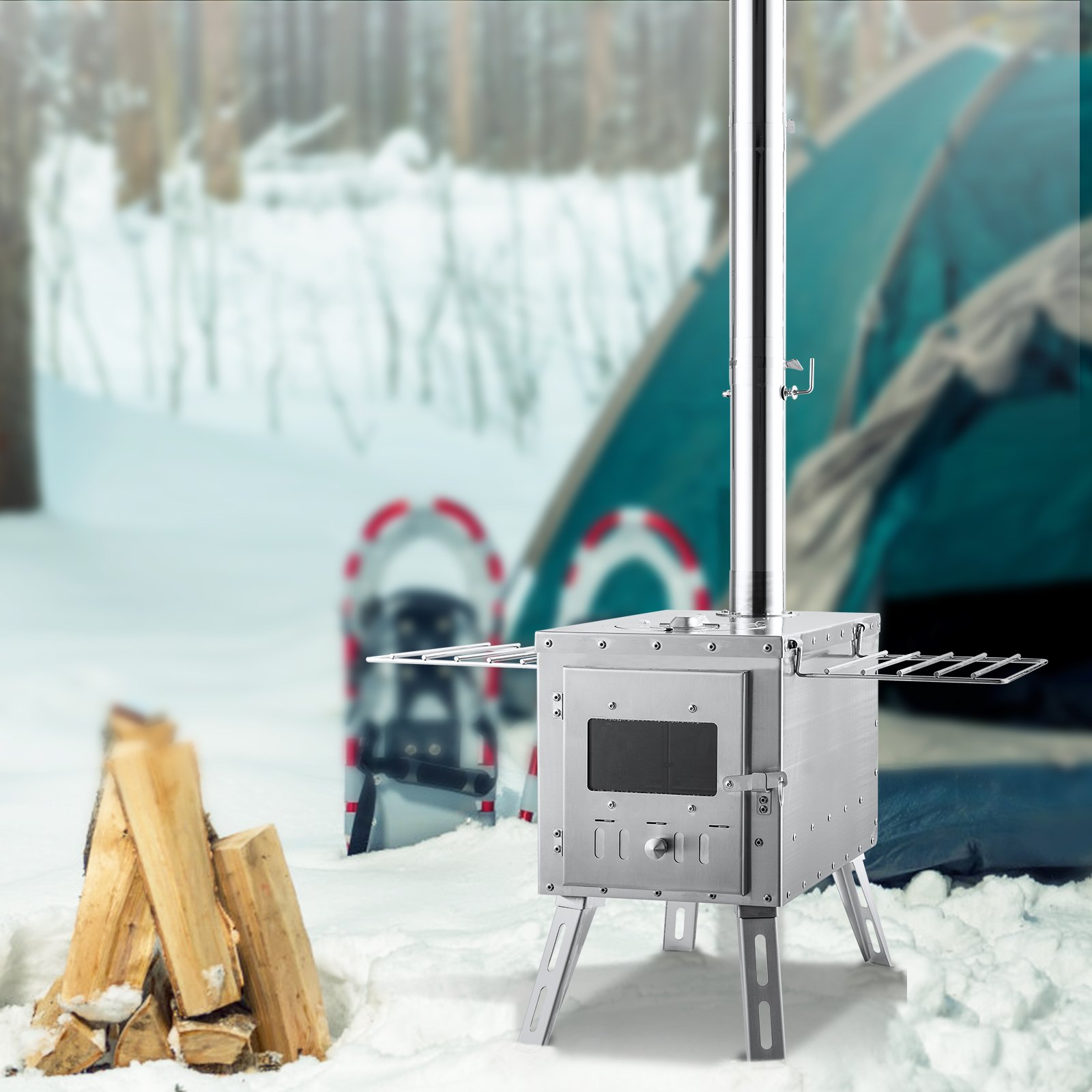 VEVOR Estufa de Leña 217 cm Estufa Portátil de Acero Inoxidable para Tienda de Campaña con 8 Tubos de Chimenea y Guantes Estufa Caliente para Cocinar y Calentar al Aire Libre, 590x790x2620 mm
