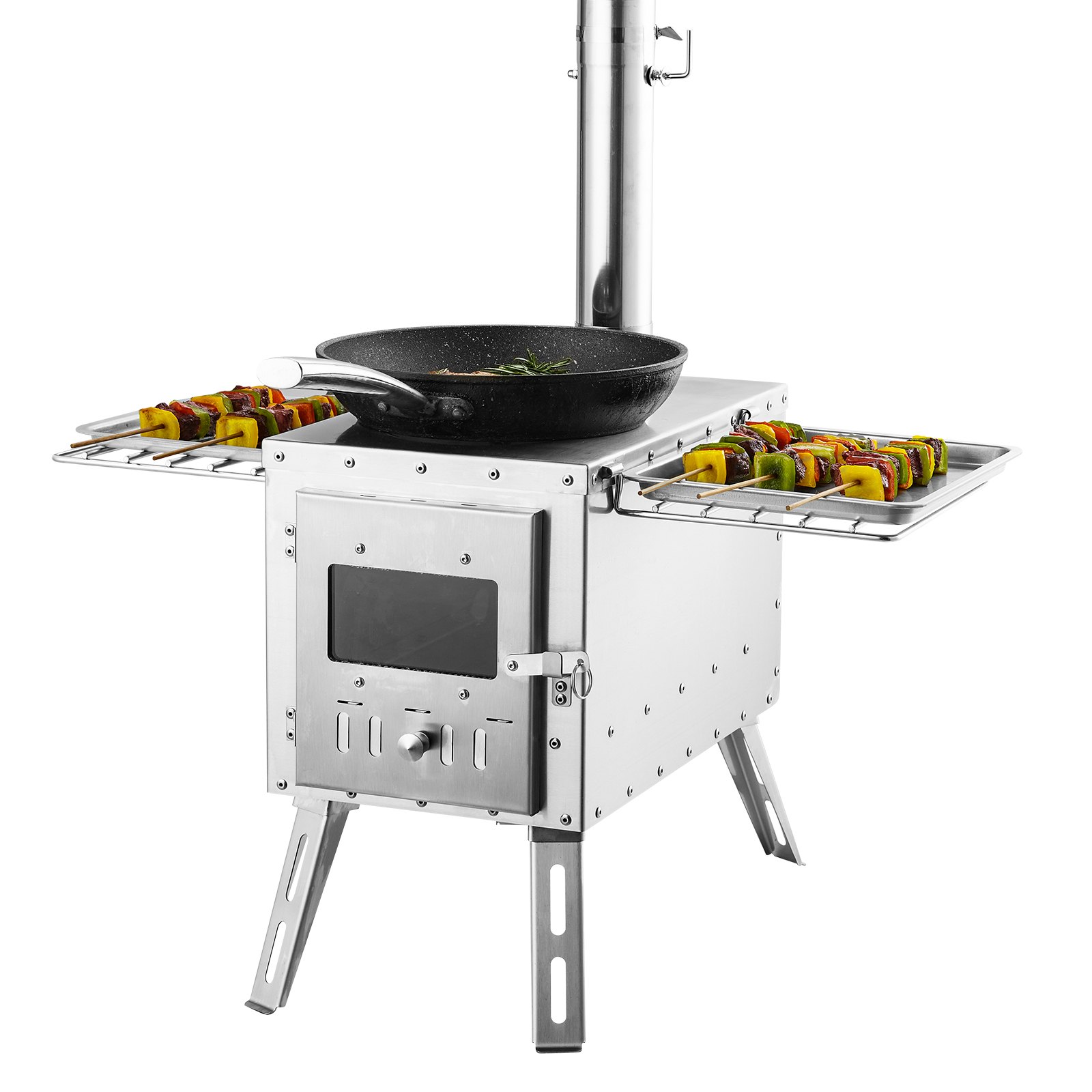VEVOR Estufa de Leña 217 cm Estufa Portátil de Acero Inoxidable para Tienda de Campaña con 8 Tubos de Chimenea y Guantes Estufa Caliente para Cocinar y Calentar al Aire Libre, 590x790x2620 mm