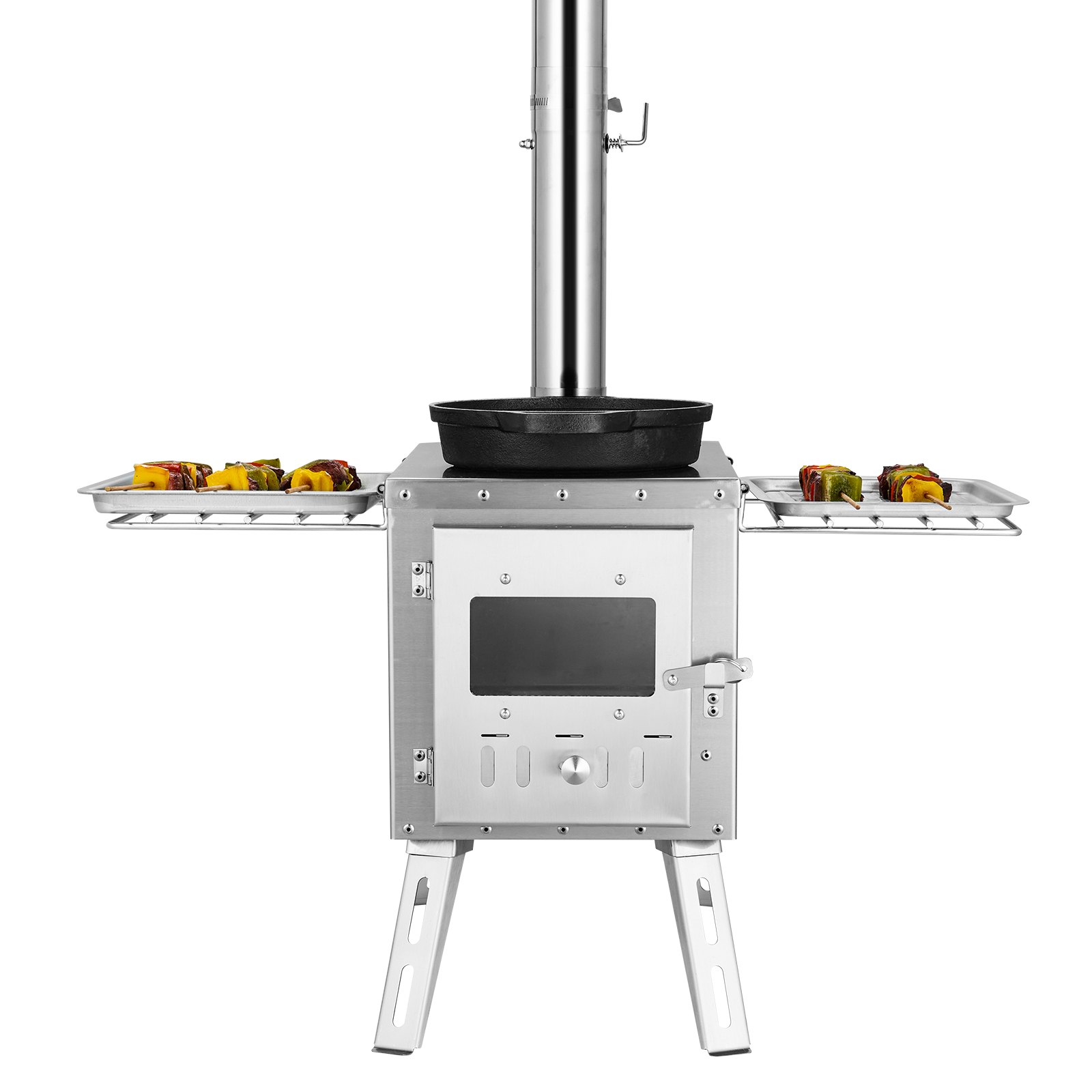 VEVOR Estufa de Leña 217 cm Estufa Portátil de Acero Inoxidable para Tienda de Campaña con 8 Tubos de Chimenea y Guantes Estufa Caliente para Cocinar y Calentar al Aire Libre, 590x790x2620 mm