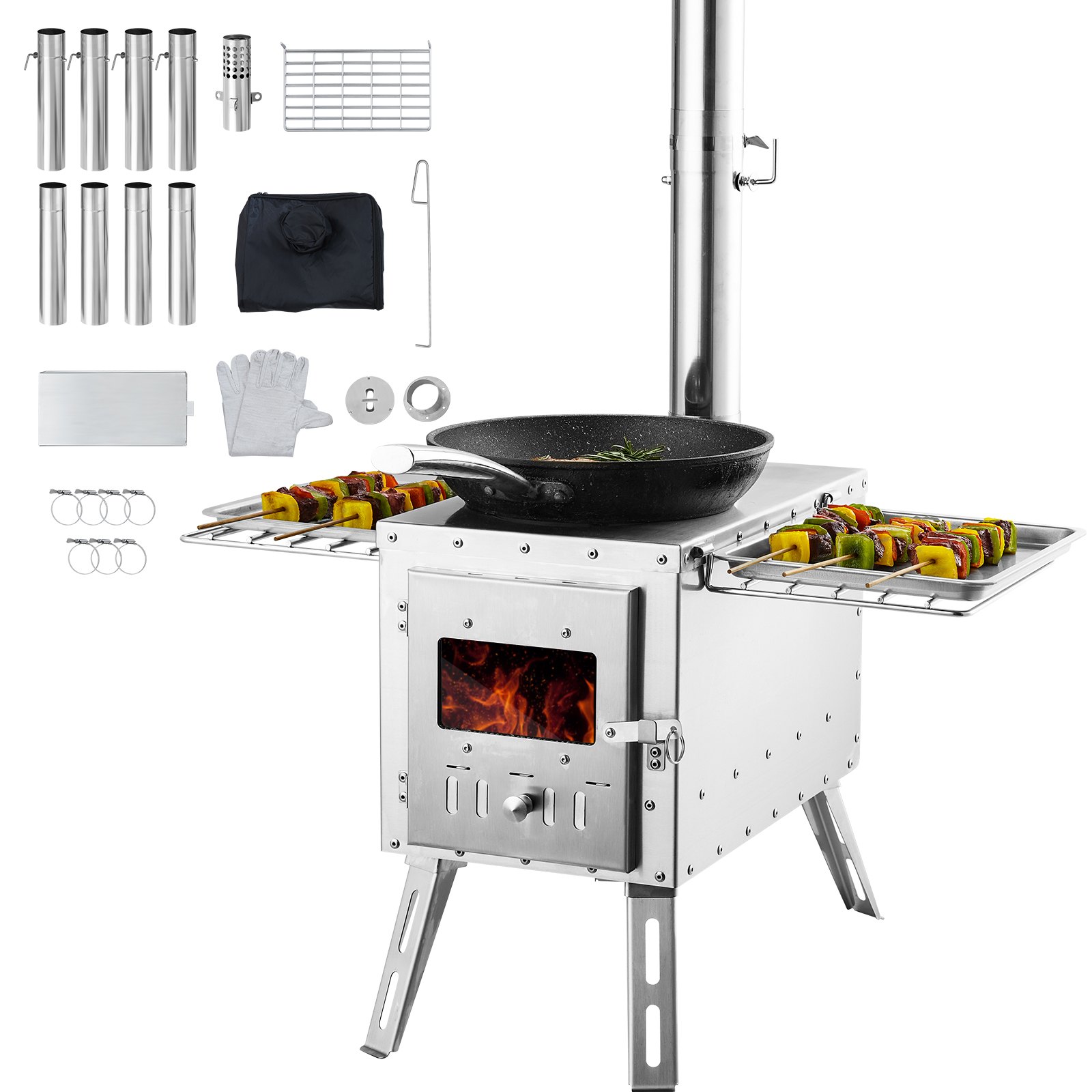 VEVOR Estufa de Leña 217 cm Estufa Portátil de Acero Inoxidable para Tienda de Campaña con 8 Tubos de Chimenea y Guantes Estufa Caliente para Cocinar y Calentar al Aire Libre, 590x790x2620 mm