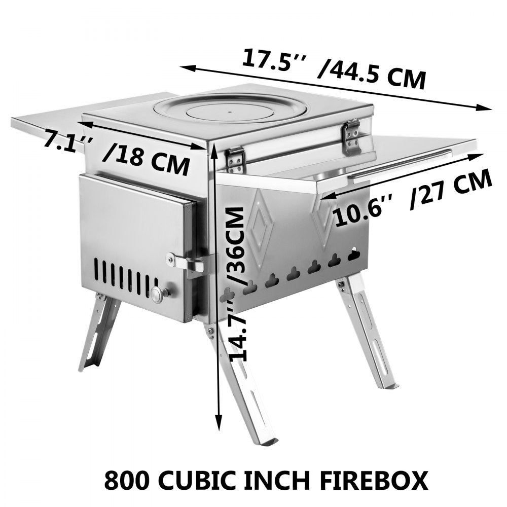 Estufa de leña para camping VEVOR con dimensiones: 17,5&quot; x 7,1&quot; x 10,6&quot;, caja de fuego de 800 pulgadas cúbicas.