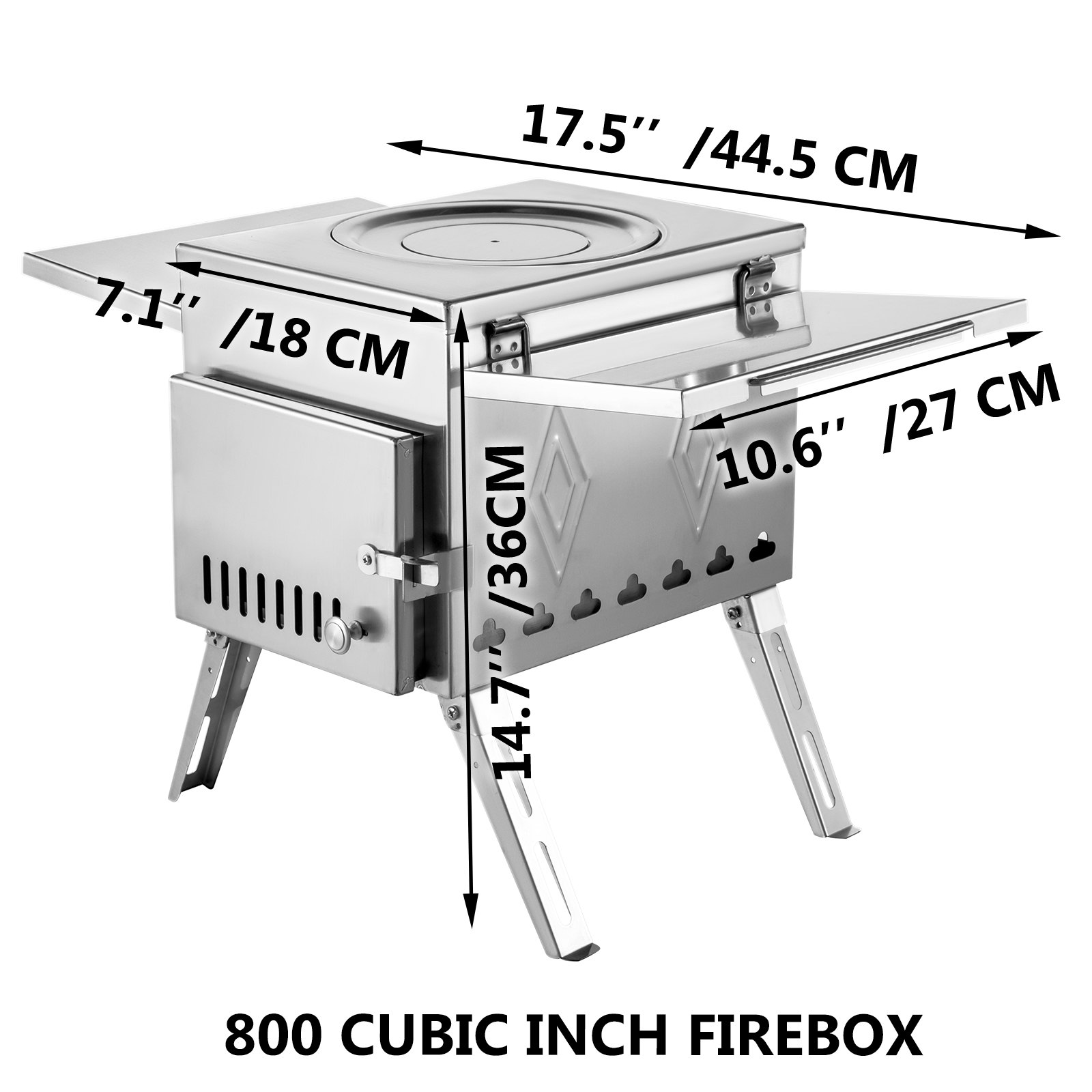 Estufa de leña para camping VEVOR con dimensiones: 17,5&quot; x 7,1&quot; x 10,6&quot;, caja de fuego de 800 pulgadas cúbicas.