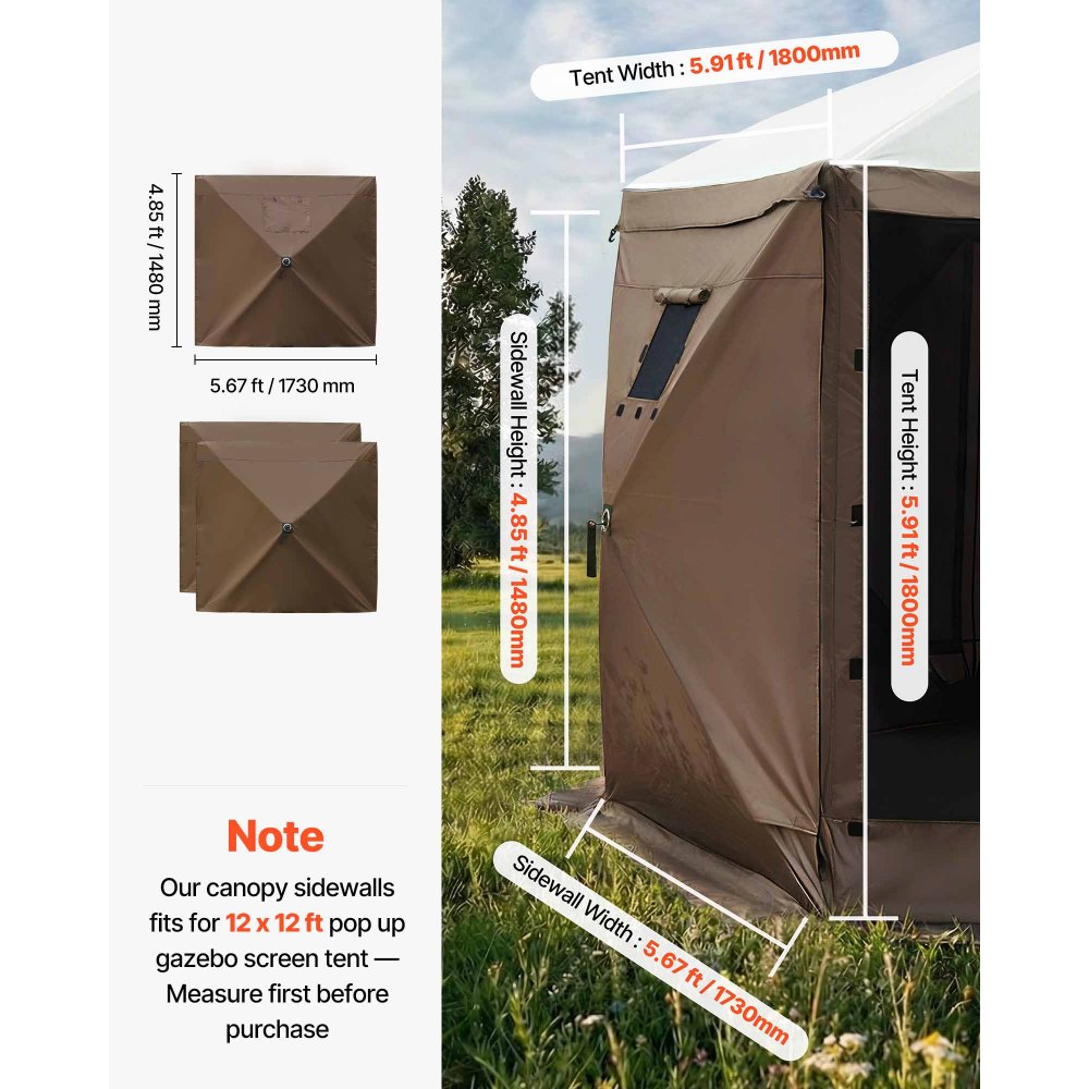 VEVOR Paredes Laterales para Toldo 173 x 148 cm, Impermeables y con Protección Solar, Paneles para Carpas Diseño de Ventana Unilateral para Eventos al Aire Libre, Solo 3 Paredes Laterales, Marrón