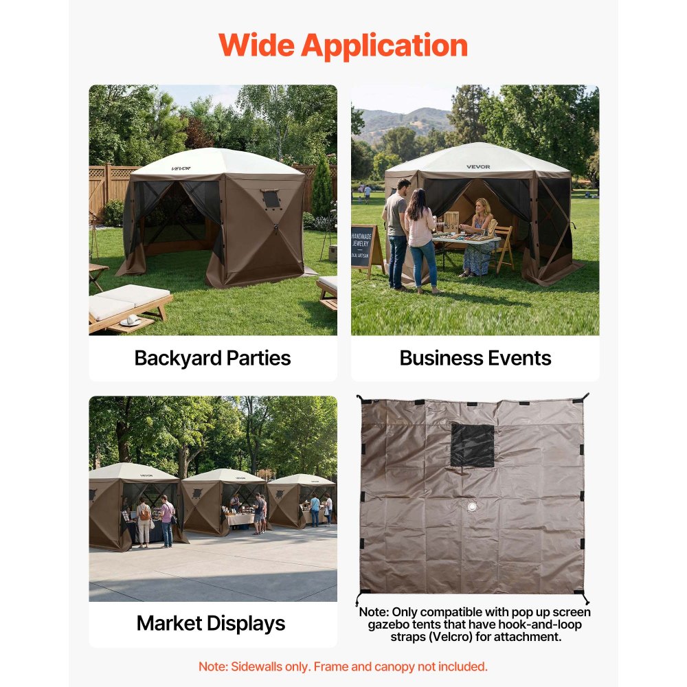 VEVOR Paredes Laterales para Toldo 173 x 148 cm, Impermeables y con Protección Solar, Paneles para Carpas Diseño de Ventana Unilateral para Eventos al Aire Libre, Solo 3 Paredes Laterales, Marrón