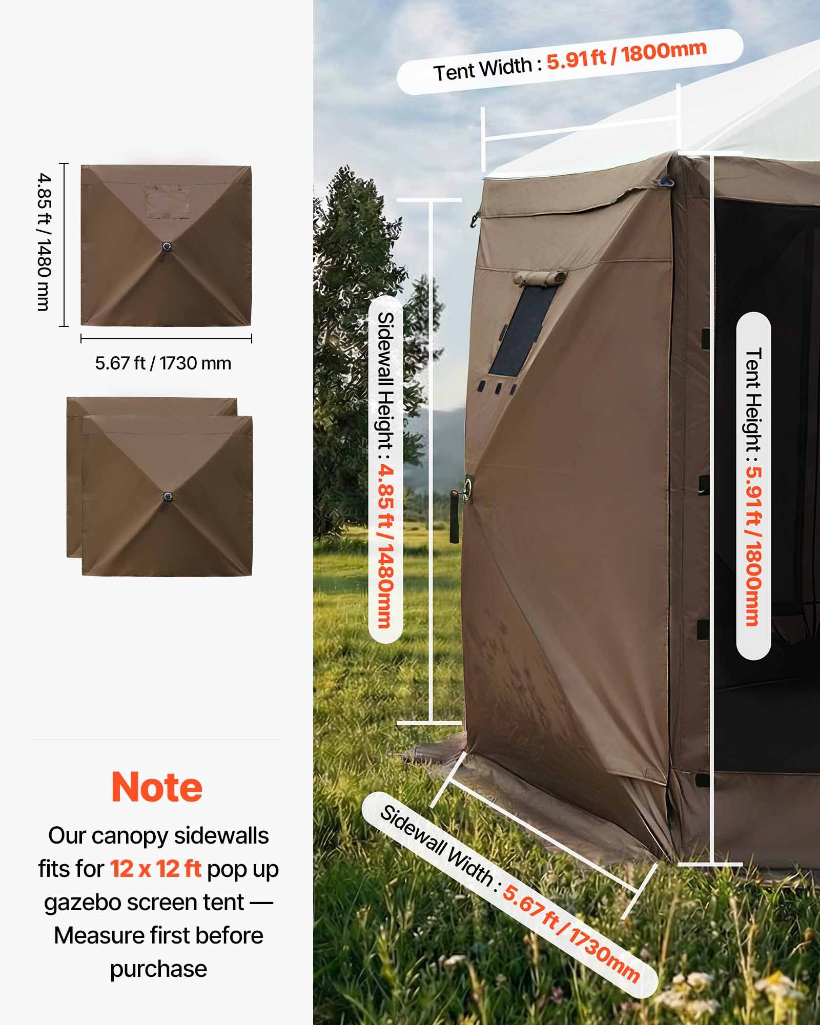 VEVOR Paredes Laterales para Toldo 173 x 148 cm, Impermeables y con Protección Solar, Paneles para Carpas Diseño de Ventana Unilateral para Eventos al Aire Libre, Solo 3 Paredes Laterales, Marrón