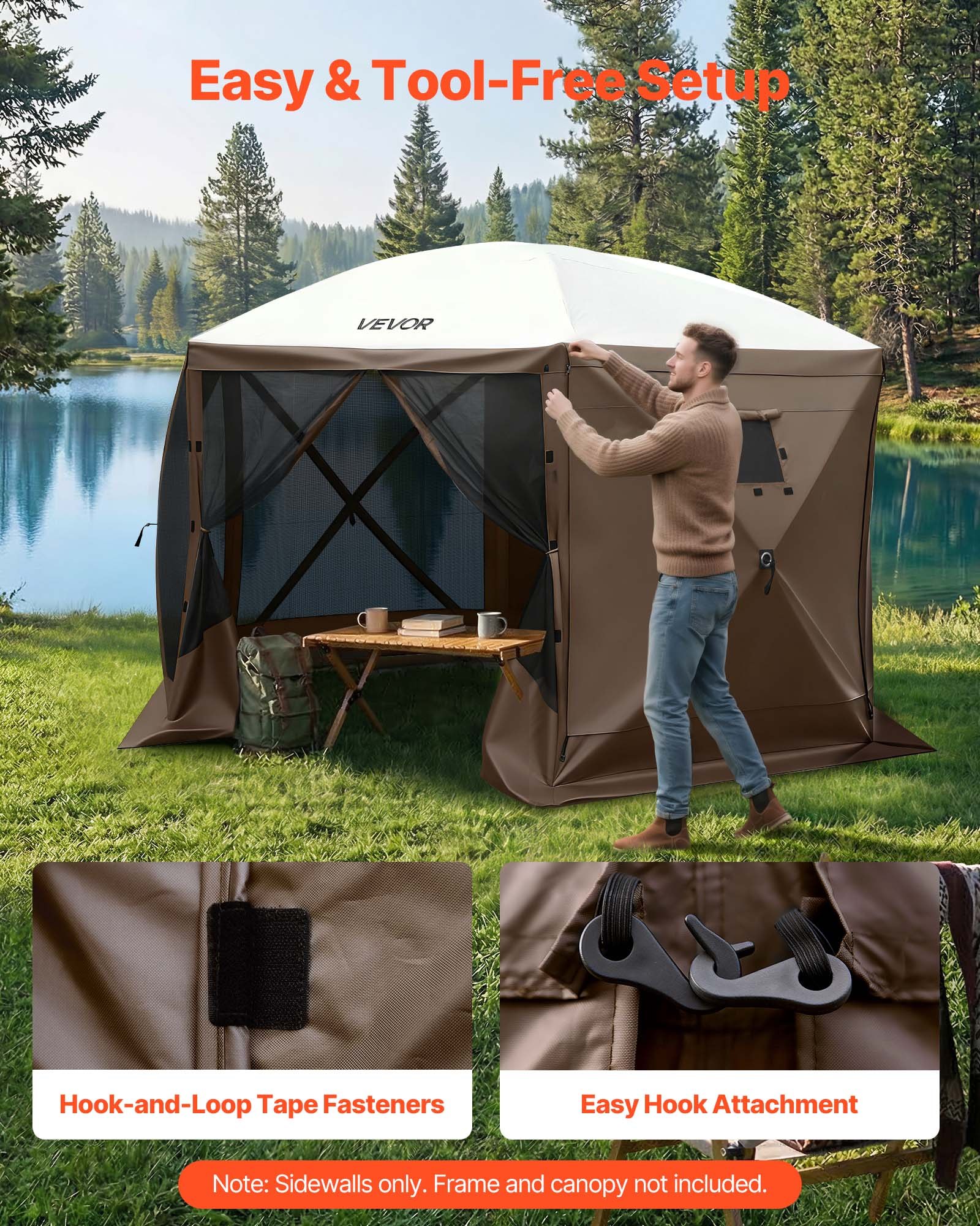 VEVOR Paredes Laterales para Toldo 173 x 148 cm, Impermeables y con Protección Solar, Paneles para Carpas Diseño de Ventana Unilateral para Eventos al Aire Libre, Solo 3 Paredes Laterales, Marrón