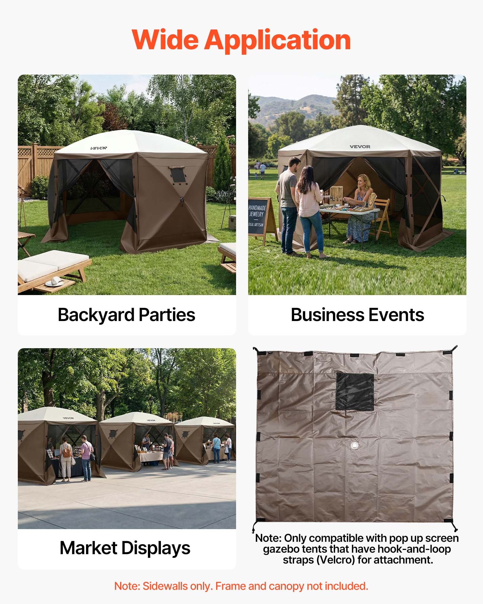 VEVOR Paredes Laterales para Toldo 173 x 148 cm, Impermeables y con Protección Solar, Paneles para Carpas Diseño de Ventana Unilateral para Eventos al Aire Libre, Solo 3 Paredes Laterales, Marrón