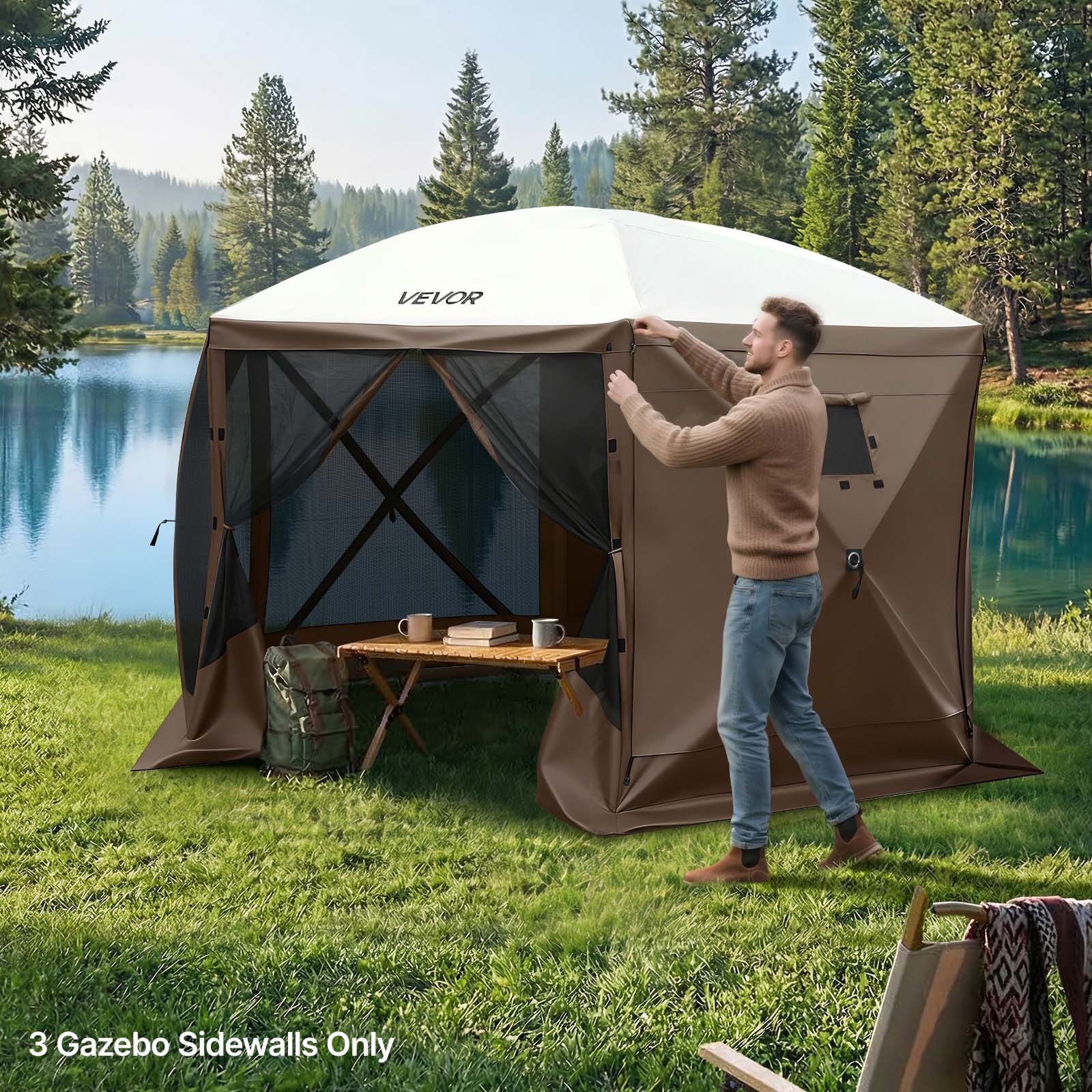 VEVOR Paredes Laterales para Toldo 173 x 148 cm, Impermeables y con Protección Solar, Paneles para Carpas Diseño de Ventana Unilateral para Eventos al Aire Libre, Solo 3 Paredes Laterales, Marrón