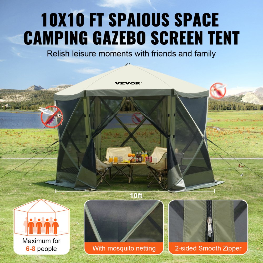 VEVOR Carpa plegable para cenador, carpa con pantalla emergente, toldo de 6 lados, refugio solar con 6 paños de viento de privacidad extraíbles y ventanas de malla, carpa con pantalla de instalación rápida de 10x10 pies con mosquitera, verde militar