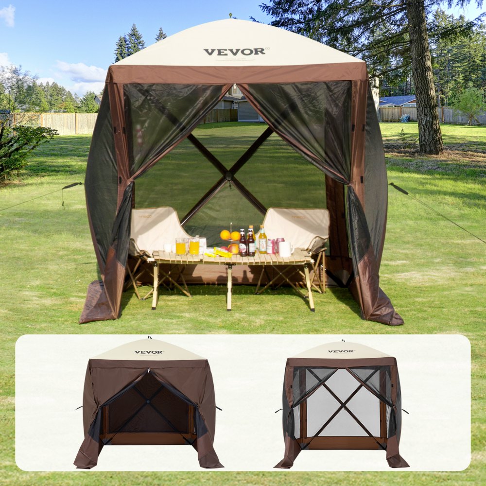 Carpa plegable VEVOR con sillas, mesa y bebidas en un césped soleado, con un árbol y una casa de fondo.