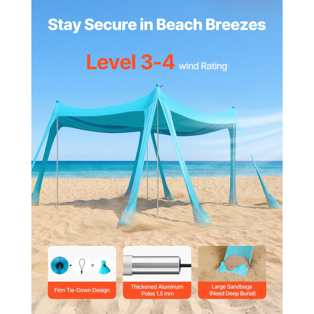 VEVOR Tienda de Playa Desplegable 3,0 x 3,0 m, 2 m de Alto, Toldo de Playa Portátil, Protección UPF 50+, con Palas y Anclaje de Arena Estacas de Tierra, para Vacaciones Viajes Camping, Verde Turquesa