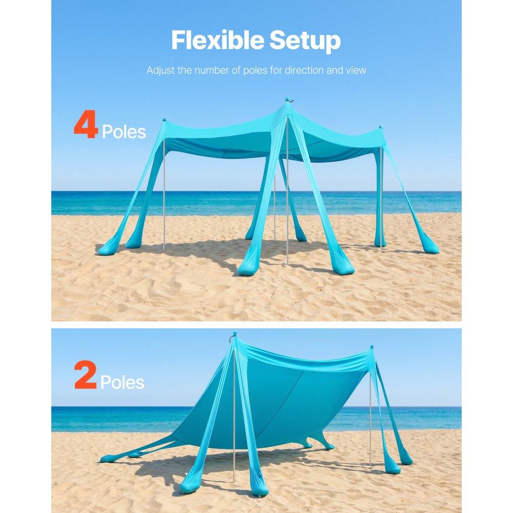 VEVOR Tienda de Playa Desplegable 3,0 x 3,0 m, 2 m de Alto, Toldo de Playa Portátil, Protección UPF 50+, con Palas y Anclaje de Arena Estacas de Tierra, para Vacaciones Viajes Camping, Verde Turquesa