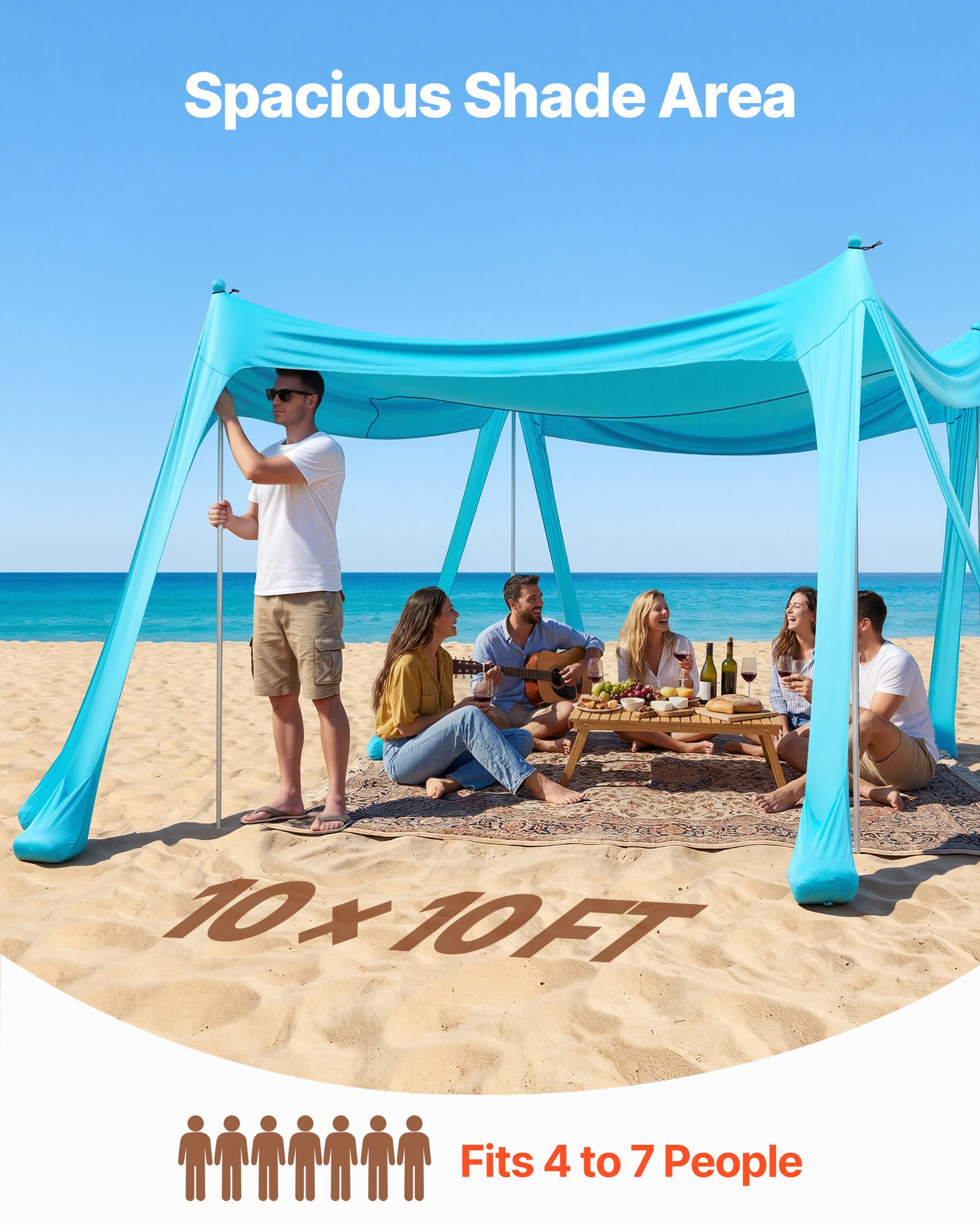 VEVOR Tienda de Playa Desplegable 3,0 x 3,0 m, 2 m de Alto, Toldo de Playa Portátil, Protección UPF 50+, con Palas y Anclaje de Arena Estacas de Tierra, para Vacaciones Viajes Camping, Verde Turquesa