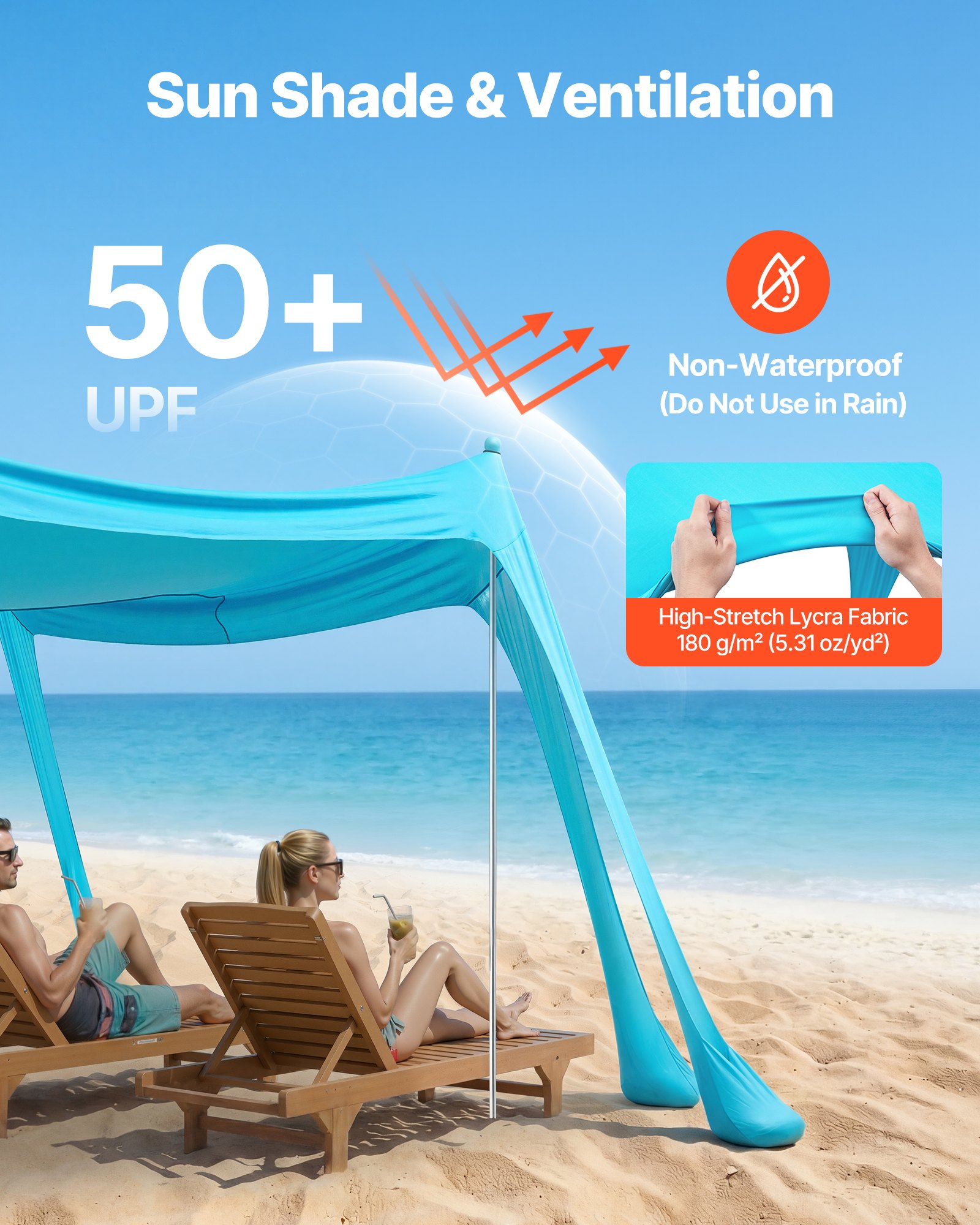VEVOR Tienda de Playa Desplegable 3,0 x 3,0 m, 2 m de Alto, Toldo de Playa Portátil, Protección UPF 50+, con Palas y Anclaje de Arena Estacas de Tierra, para Vacaciones Viajes Camping, Verde Turquesa